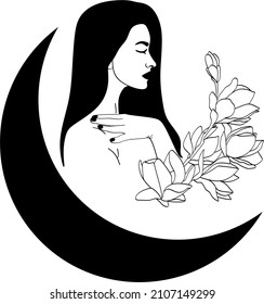 Gráfica de vectores dibujada a mano material abstracto ilustración gráfica plana con elementos del logo, hembra con flores y luna icono de línea sagrada en estilo simple para marca, aislado en fondo blanco