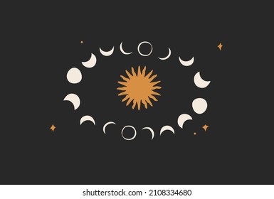 Hand drawn vector abstract stock flat graphic illustration with logo element,bohemian astrology magic minimalistic art of mystic moon phases silhouettes and sun in circle,simple style for branding.