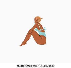 Handgezeichnete, abstrakte Stockfotografie im Sommer, minimalistische Illustrationen im Stil von Böhmen, schöne Girl-Sonnenbäder und sitzend am Strand, einzeln auf weißem Hintergrund.