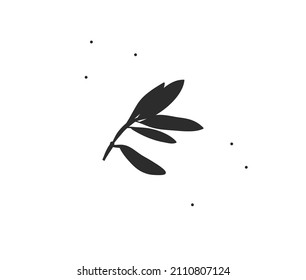 Hand drawn vector abstract stock flat graphic illustration with minimal logo element,bohemian line art of leaves branch silhouette for branding,isolated on white background.Organic logo concept.