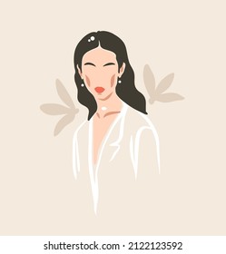 Hand drawn vector abstract stock flat graphic contemporary aesthetic fashion illustration with bohemian,beautiful modern female portrait in simple trendy minimal style isolated on pastel background.