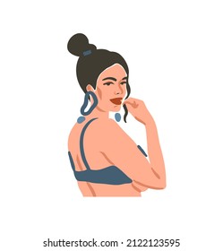 Hand drawn vector abstract stock flat graphic contemporary aesthetic fashion illustration with bohemian,beautiful modern collage female in simple trendy minimal style isolated on pastel background.
