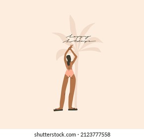 Hand drawn vector abstract stock graphic summer time cartoon,minimalistic style illustrations print with bohemian beautiful girl sunbathes and relax on the sunset beach,isolated on color background.