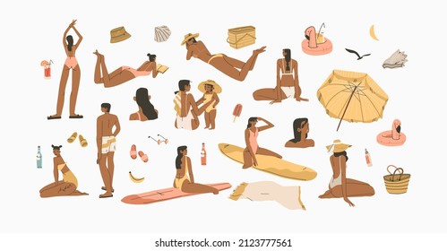 Hand drawn vector abstract stock graphic summer time cartoon,minimalistic style illustrations collection set with bohemian beautiful people sunbathes and relax on the sunset beach,minimalistic style.