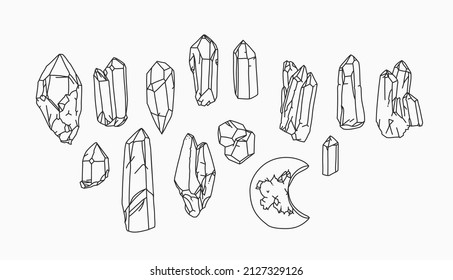 Colección de ilustraciones gráficas planas con elementos de logotipo, arte de línea mágica bohemia de líneas de cristal con un estilo sencillo para la marca.Concepto de logotipo femenino.