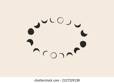 Hand drawn vector abstract stock flat graphic illustration with logo element,bohemian astrology magic minimalistic art of mystic moon phases silhouettes in circle,simple style for branding.