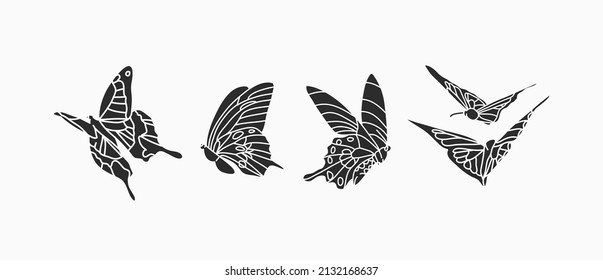 Hand drawn vector abstract stock flat graphic illustrations collection set bundle with logo elements,bohemian magic line silhouette art of mystic flying butterfly and moth,feminine simple style.