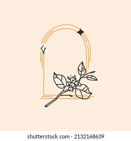 Hand drawn vector abstract stock flat graphic illustration with logo element,bohemian astrology magic minimalistic emblem of line arch portal with stars and leaves,simple style for branding.