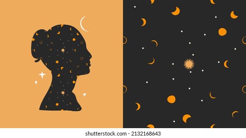 Hand drawn vector abstract stock flat graphic illustrations set with logo element,bohemian astrology magic art of galaxy space,crescent moon,stars,sun and human silhouette,simple style for branding.