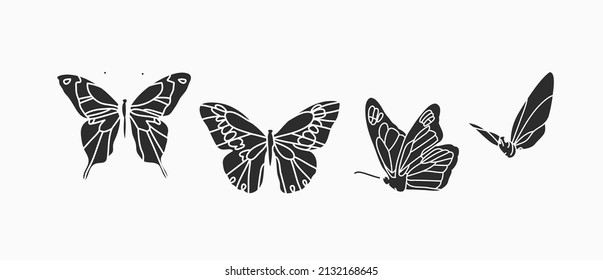 Hand drawn vector abstract stock flat graphic illustrations collection set bundle with logo elements,bohemian magic line silhouette art of mystic flying butterfly and moth,feminine simple style.