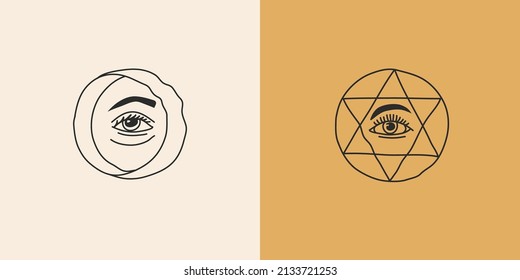 Hand drawn vector abstract stock flat graphic illustrations set with logo element,bohemian astrology magic minimalistic emblem of mystic line arch portal and evil eye ,simple style for branding.