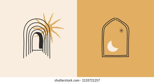 Hand drawn vector abstract stock flat graphic illustrations set with logo element,bohemian astrology magic minimalistic emblem of mystic line arch portal and sun with rays,simple style for branding.