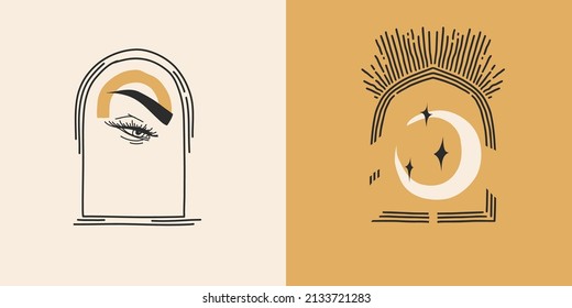 Hand drawn vector abstract stock flat graphic illustrations set with logo element,bohemian astrology magic minimalistic emblem of mystic line arch portal and evil eye ,simple style for branding.