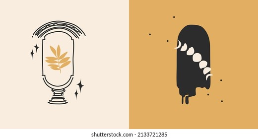 Hand drawn vector abstract stock flat graphic illustrations set with logo element,bohemian astrology magic minimalistic emblem of mystic line arch portal and moon phase,simple style for branding.