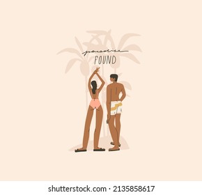 Hand drawn vector abstract stock graphic summer time cartoon,minimalistic style illustrations print with bohemian beautiful couple sunbathes and relax on the sunset beach,isolated on color background.