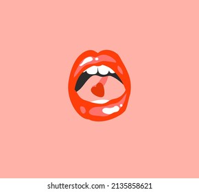 Grado abstracto vectorial de mano material gráfico plano de la impresión con retro ,vintage boho hembra moderna boca labios rojos con corazón sobre la lengua en el fondo del color.
