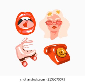 Hand drawn vector abstract stock flat graphic illustrations collection set with retro,vintage boho modern lips,hippie girl portrait,phone and roller-skates,hippie illustrations on color background.