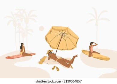 Hand drawn vector abstract stock graphic summer time cartoon,minimalistic style illustrations print with bohemian beautiful girls sunbathes and relax on the sunset beach,isolated on color background.