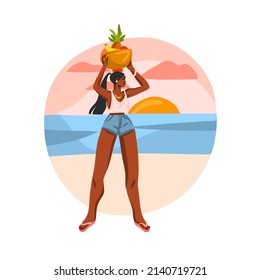 Hand drawn vector abstract stock graphic illustration with young happy black afro american beauty female, carries a basket of fruit on his head on beach scene cafe isolated on white background.