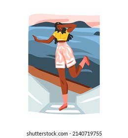 Dibujo manual vectorial abstracto material ilustración gráfica plana con joven afro americana feliz belleza femenina turista en la escena de la playa al sol aislado en fondo blanco.