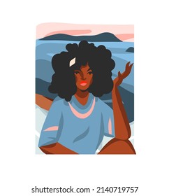 Hand drawn vector abstract stock flat graphic illustration with young happy black afro american beauty female,in swimsuit on sundown view scene isolated on white background.