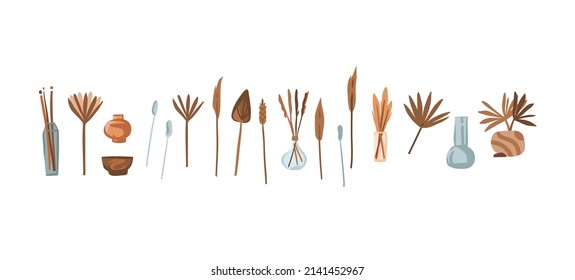 Hand drawn vector abstract stock graphic bohemian clipart collection set illustration with beauty interior design elements,modern scandinavian dried flowers plants isolated on white background.