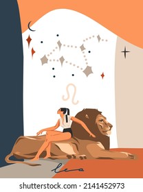 Hand drawn vector abstract stock graphic simple astrology celestial illustration art with modern collage,artistic contemporary print template of boho zodiac sign Leo with female character.