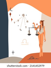 Hand drawn vector abstract stock graphic simple astrology celestial illustration art with modern,collage artistic contemporary print template of boho zodiac sign Libra with female character.