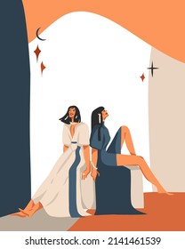 Hand drawn vector abstract stock graphic simple astrology celestial illustration art with modern collage,artistic contemporary print template of boho zodiac sign Gemini with female character.