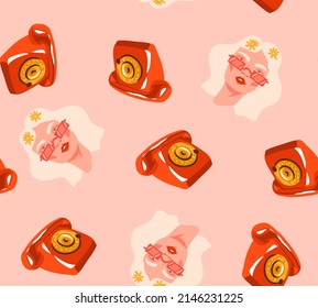 Hand drawn vector abstract stock flat graphic illustration print with retro ,vintage boho modern seamless pattern with retro hippie illustrations on color background.