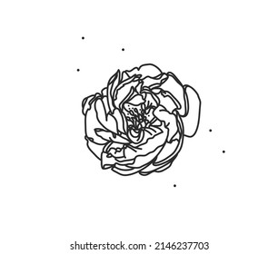 Grado abstracto de vectores dibujado a mano material gráfico plano con el logotipo elemento flor de línea arte de peonía en estilo simple para marca, aislado en fondo blanco.Concepto sagrado mágico boho femenino