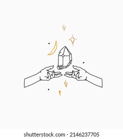Hand drawn vector abstract stock flat graphic illustration with logo element,bohemian magic line art of crystal stone,human hands and star in simple style for branding,isolated on white background.