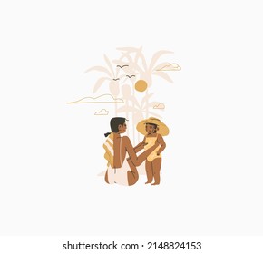 Hand drawn vector abstract stock graphic summer time cartoon,minimalistic style illustrations with bohemian beautiful mom and daughter sunbathes and sitting on the beach,isolated on white background.