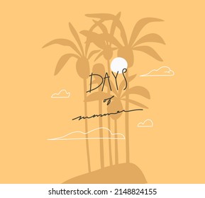 Hand drawn vector abstract stock graphic summer time cartoon,minimalistic illustrations scene,with beautiful tropical palm trees island silhouette with sunset isolated on yellow background.