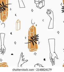 Hand drawn vector abstract stock flat graphic illustration seamless pattern with bohemian magic line art of crystal stone,human hands and star in simple style for branding,isolated on white