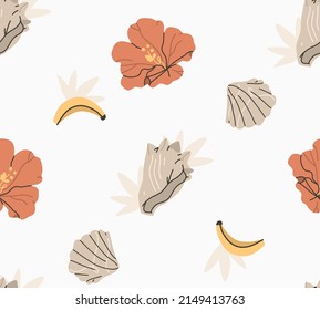 Dibujo a mano vectorial abstracto material gráfico de verano, ilustraciones de estilo contemporáneo minimalista patrón sin fisuras con flor tropical, hojas de palma y concha marina, aislado en fondo blanco.