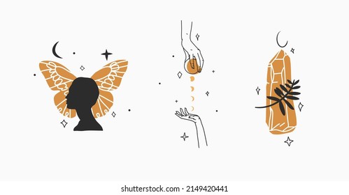 Material vectorial de mano material abstracto ilustración gráfica plana con elemento logotipo,arte mágico bohemio de sol dorado, siluetas de mano de mujer y estrellas de estilo sencillo para marca, aislado en fondo de color.