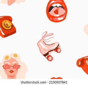 Hand drawn vector abstract stock flat graphic illustration print with retro ,vintage boho modern seamless pattern with hippie illustrations,phone,roller sketer,hippie girl portrait and lips isolated.