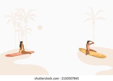 Handgezeichnete, abstrakte Stockfotografie im Sommer, minimalistische Illustrationen im Stil von Böhmen, wunderschönes Mädchensurfen und Entspannen am Sonnenuntergang, isoliert, zeitgenössischer Stil.