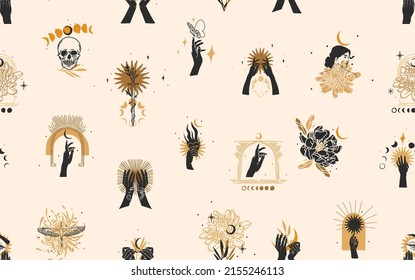 Hand drawn vector abstract stock flat graphic illustration with logo element,bohemian magic line art seamless pattern of woman hand,gold sun,star and moon phase in simple style,feminine astrology.