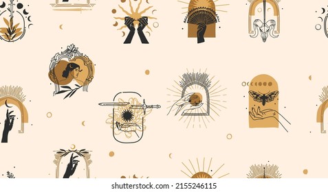 Hand drawn vector abstract stock flat graphic illustration with logo element,bohemian magic line art seamless pattern of woman hand,gold sun,star and moon phase in simple style,feminine astrology.