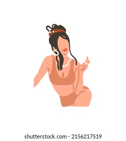 Hand drawn vector abstract stock flat graphic contemporary aesthetic fashion illustration with bohemian,beautiful modern female portrait in simple trendy minimal style isolated on pastel background.