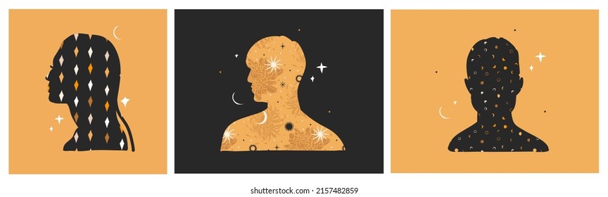 Hand drawn vector abstract stock graphic illustration seamless pattern collection set with magic astrology celestial golden moon,people silhouettes and stars,contemporary mystic and collage shapes.