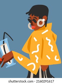 Material abstracto de vector dibujado a mano personaje gráfico moderno de la joven honrada de verano feliz retro vintage hondureña con el concepto de coctel de avatar vintage de los 90's, vectorial retro diseño moderno de mujer.