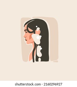 Hand drawn vector abstract stock flat graphic contemporary aesthetic fashion illustration with bohemian,beautiful modern female portrait in simple trendy minimal style isolated.Modern woman design.