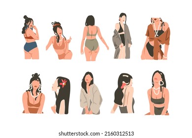 Hand drawn vector abstract stock flat graphic contemporary aesthetic fashion illustrations collection set with bohemian,beautiful modern collage women in minimal style isolated.Modern woman design.