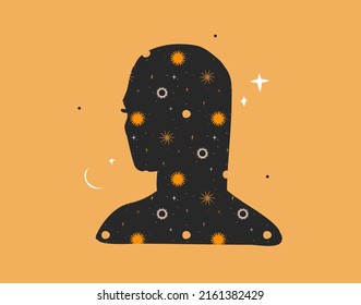 Hand Drawn Vector Abstract Stock Flat Graphic Illustration With Logo Element,bohemian Astrology Magic Art Of Galaxy Space,crescent Moon,stars,sun And Female Silhouette,simple Style For Branding.