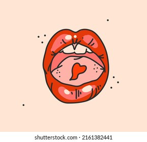 Grado abstracto vectorial de mano material gráfico plano de la impresión con retro ,vintage boho hembra moderna boca labios rojos con corazón sobre la lengua en el fondo del color.