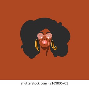 Handgezeichnete, abstrakte Stockflachgrafik-Druck mit Retro, zeitgenössischer afrikanischer Funkie, vintage groovy hippie 60s,70er boho moderne weibliche Porträt auf Farbhintergrund.