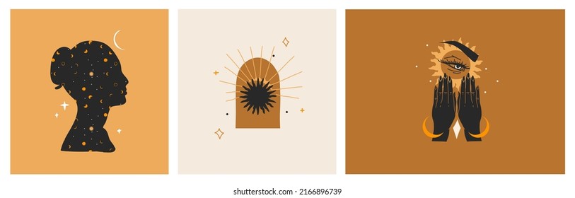 Hand drawn vector abstract stock flat graphic illustrations set with logo element,bohemian astrology magic art of galaxy space,crescent moon,stars,sun and human silhouette,simple style for branding.